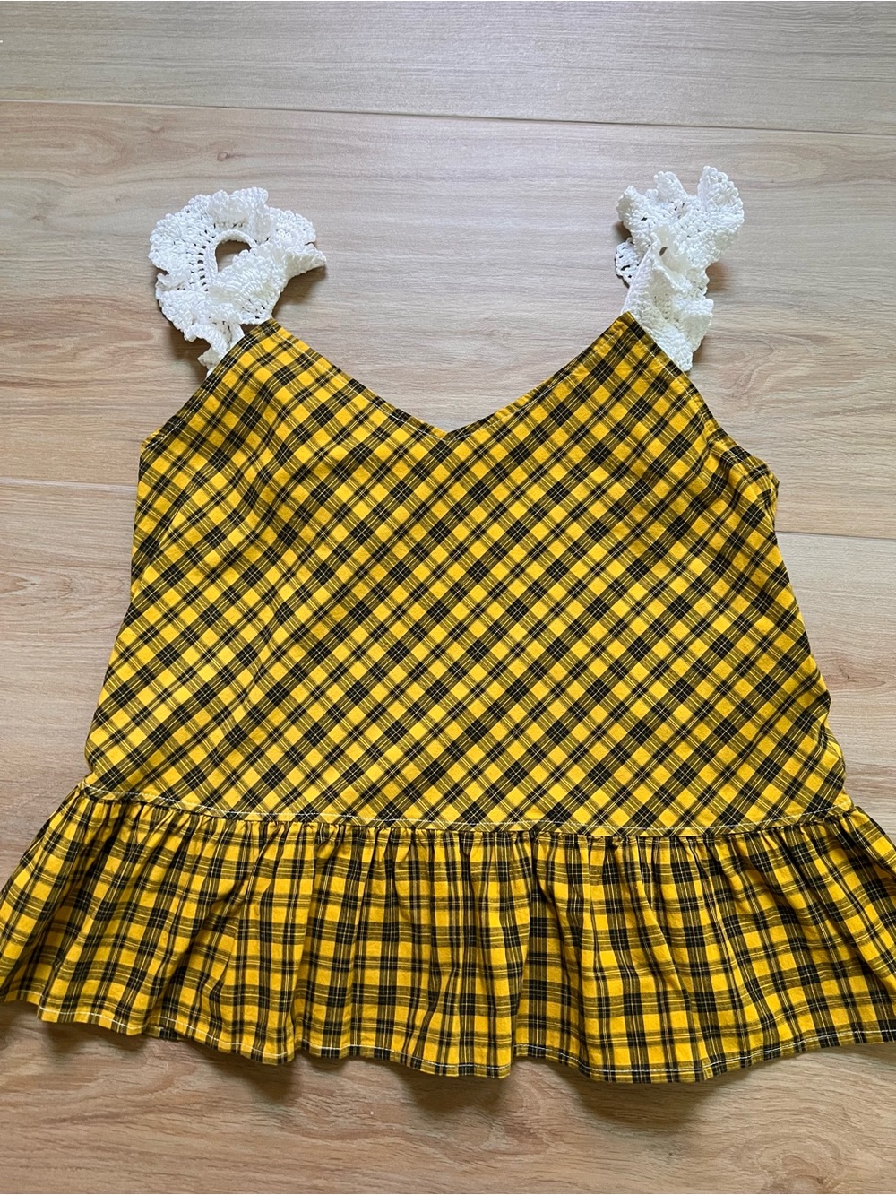 Michaela Buerger Paris Plaid Peplum Top L Yellow Black Crochet Strap Artisan